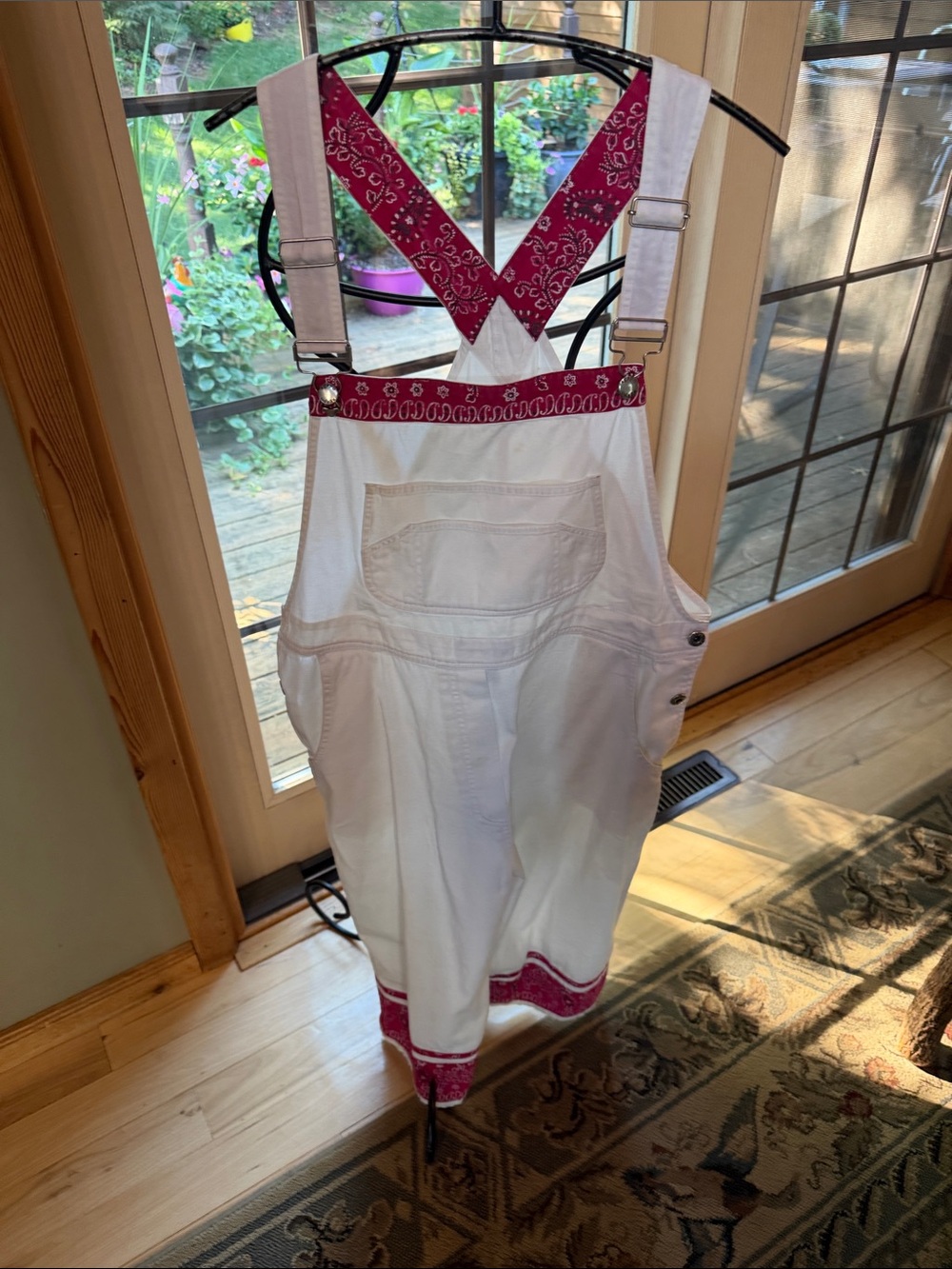 Vintage India White Crop Overalls w Red Bandana Trim - Women's Jumpsuit Sz L